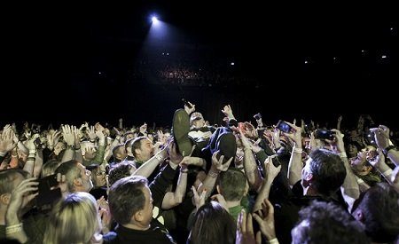 Tim Booth, and the crowd, at the Leeds Arena (Photo: Gary Mather for Live4ever Media)